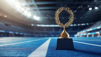 Golden Trophy on a Blue Running Track in a Stadium photo