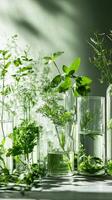 Botanical Arrangement of Fresh Herbs in Glass Bottles. Nature's Beauty in a Still Life photo