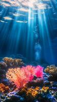 Sublime Underwater Coral Reef Illuminated by Sunlight photo