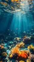 A mesmerizing coral reef underwater, bathed in sunlight photo