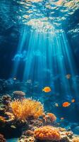 Stunning Underwater Coral Reef Scene with Sunlight Rays photo