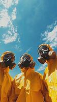 Protective Gear Under a Dramatic Sky. People in Hazmat Suits and Masks. A Day of Protection. photo