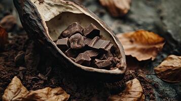 Dark Chocolate Pieces in Cocoa Pod - Indulge in Exquisite Flavors photo