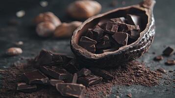 Dark Chocolate Pieces in a Cocoa Pod - Exquisite Indulgence photo
