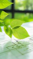 Nature's Blueprint Lush Green Leaves on Architectural Plans photo