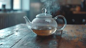 Steaming Glass Teapot on Rustic Wooden Table photo