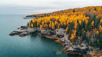 Autumn Coastline Golden Trees by the Azure Water photo