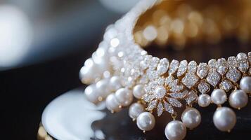 Exquisite Gold Necklace with Diamonds and Pearls photo