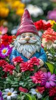 An enchanting gnome nestled in a bed of bright blooms photo