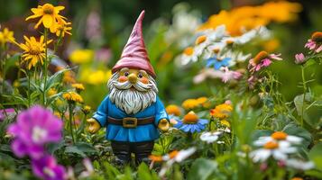Enchanting garden gnome surrounded by colorful blooms photo