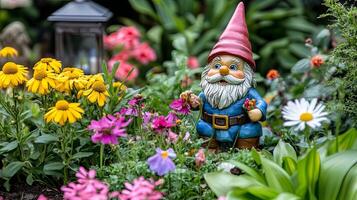 A delightful garden gnome surrounded by colorful flowers photo