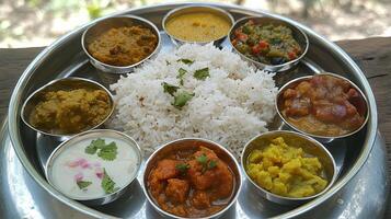 Colorful Indian Thali Platter with Rice and Curries photo