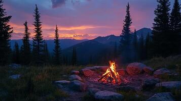 A grand campfire at sunset in the mountains photo