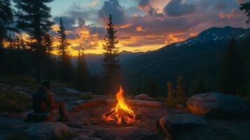 Serene Sunset Campfire in Majestic Mountains photo