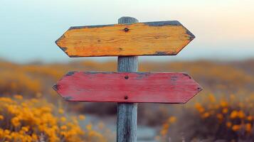 Rustic wooden direction signs in orange, red, and gray colors mounted on weathered pole, photographed against light peach background in minimalist composition. photo