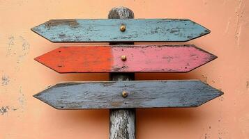 Rustic wooden direction signs in orange, red, and gray colors mounted on weathered pole, photographed against light peach background in modern. photo