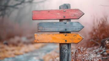 Rustic wooden direction signs in orange, red, and gray mounted on weathered pole, photographed against light peach background in minimalist modern composition. photo