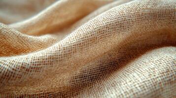 Light beige linen fabric displays gentle weave and visible fibers illuminated soft diffused lighting highlighting its organic texture. captures essence of natural materials photo