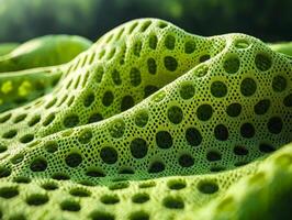 captivating macro shot illustrates synthetic mesh fabric striking neon green hue. open weave and elastic texture are highlighted dynamic lighting conveying sporty feel photo