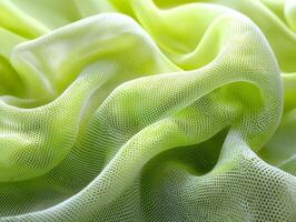 striking macro view captures intricate open weave and elastic feel of synthetic mesh fabric in neon green. Its bold and sporty aesthetic is enhanced bright lighting photo