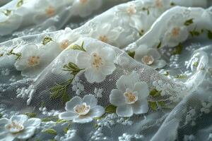 Intricate floral patterns of delicate white lace fabric are highlighted soft diffused lighting. translucent texture emphasizes fine craftsmanship and elegance in design photo