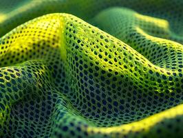 Bright neon green synthetic mesh fabric showcases its open weave and smooth texture through professional macro capture emphasizing its sporty and elastic qualities ideal for athletic wear photo