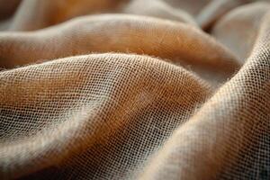 Close examination reveals intricate texture of rough burlap fabric showcasing its natural beige color and uneven threads enhance rustic charm and warmth photo