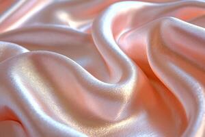 Champagne satin fabric showcases its glossy surface and delicate ripples. Light dances across luxurious material creating stunning visual appeal photo