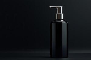 Sophisticated Spray Bottle Designs. A sleek black bottle with a pump sits against a dark background, exuding a modern and minimalist aesthetic. photo