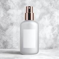 Sophisticated Spray Bottle Designs. A sleek, modern spray bottle with a rose gold cap against a textured backdrop, ideal for cosmetic or skincare products. photo