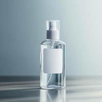 Sophisticated Spray Bottle Designs. A sleek, clear spray bottle sits on a smooth surface, featuring a blank label, ideal for various liquid products such as perfumes or sanitizers. photo