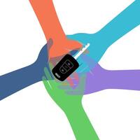 Group of hands and a vehicle key. Car sharing concept illustration vector