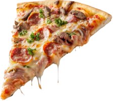 crujiente Pizza rebanada con coberturas en transparente antecedentes png