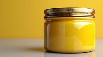 A yellow jar with a rusty lid sits on a white table, illuminated by a yellow background photo