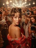 A model poses for photographers on the red carpet photo