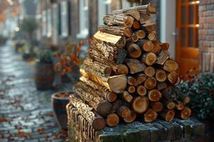 A neatly stacked pile of firewood sits outside a building, ready for winter photo