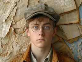 A young man with glasses and a cap stares intently, surrounded by pages from old books photo