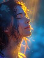 A close-up of a womans face illuminated by golden light in a blue water setting photo