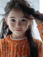 A close-up portrait of a young girl with long black hair and a soft smile photo