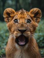 A close-up of a lion cub with its mouth wide open in a surprised yawn photo