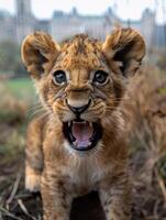 A young lion cub roars with playful energy in a city park photo