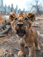 A lion cub stands on a dirt path, roaring with its mouth open photo