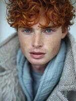 A young man with ginger hair and blue eyes looks intensely at the camera photo
