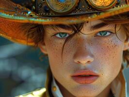 Close-up portrait of a young man in a steampunk hat photo