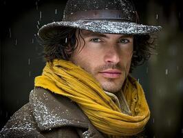 A man in a hat and scarf looks intently out of the frame, snowflakes falling around him photo