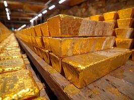 Stacks of gold bars fill a secure vault, creating a dazzling pathway of wealth photo