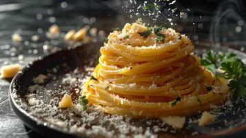 A close-up of a plate of spaghetti with parmesan cheese, parsley, and a sprinkle of magic photo