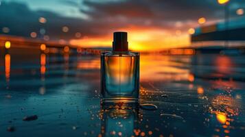 A perfume bottle sits on a wet surface, reflecting the orange glow of the setting sun photo