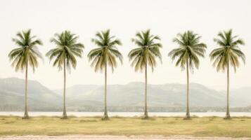 Seven palm trees in a row on sandy beach photo