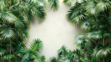 Palm tree fronds frame a white wall in a tropical setting photo